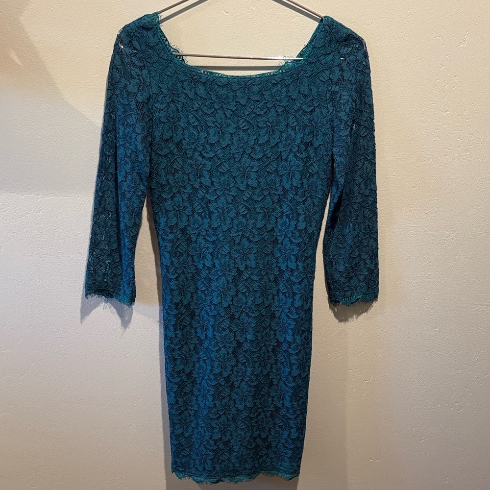 Diane Von Furstenberg Teal Blue Lace Long Sleeve Sheath Fitted Lacey Dress